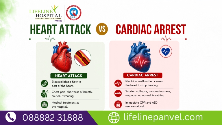 Infographic comparing a heart attack and cardiac arrest, explaining that a heart attack is caused by blocked blood flow to the heart, while cardiac arrest is an electrical malfunction that stops the heart from beating, with key symptoms and emergency treatment.